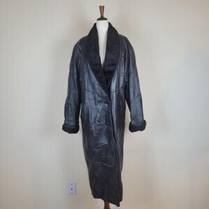 VTG G-III Leather Coat Small Black Long Shawl Collar Faux Fur Overcoat 80s 90s